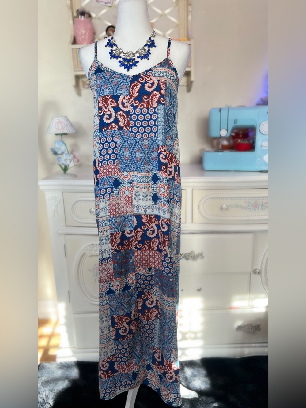 Vintage Wet Seal Blue & Red Patchwork Maxi Dress
